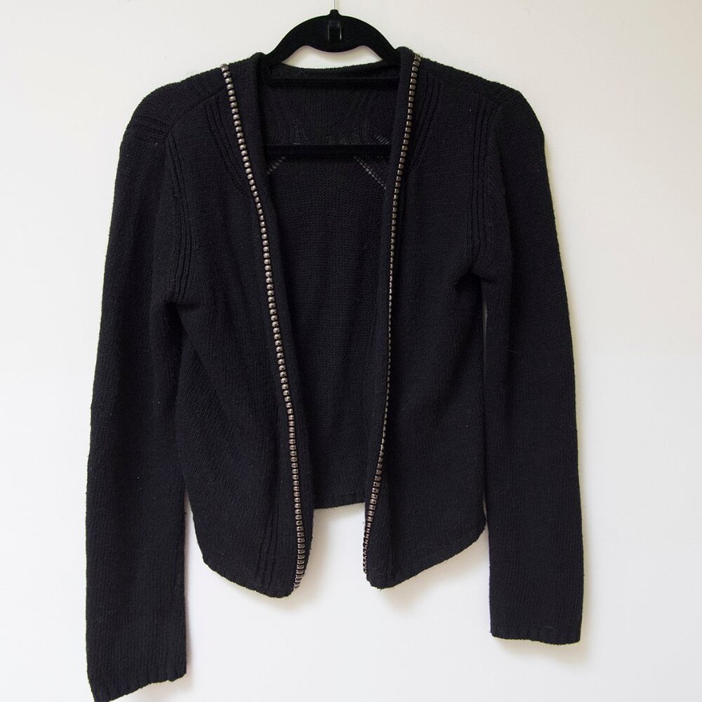 Maje Poly-Angora-Wool Open Black Cardigan with Studded Silvertoned Accents